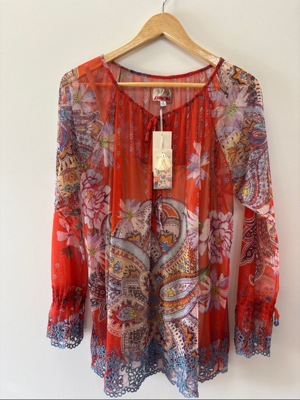 Johnny Was Sheer Red Floral Paisley Boho Tunic with Blue Trim